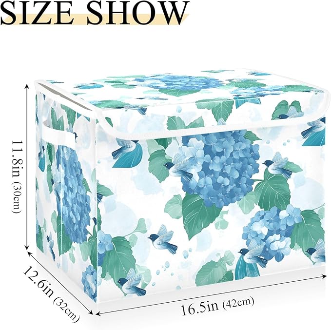 ALAZA Hydrangea Flower Bird Storage Bins Organizer Box Baskets Lidded Clothes for Shelves Closet Collapsible Stackable Storage Cubes Handles