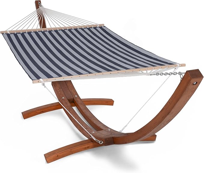 SUNCREAT Hammocks Standing Backyard Hammock with Stand 2 Person Heavy Duty Hammock with 13.5 ft Wooden Stand Blue Stripe