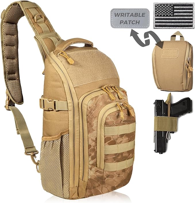 DBTAC Tactical Personal Defense EDC Bags &amp Packs | 10L Military Shoulder Backpack with Sling for Concealed Carry Range Travel Hiking Outdoor Sports (Brown Apatite)