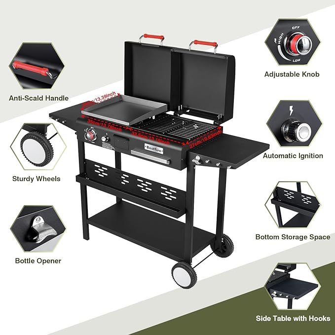 Propane Gas Griddle Charcoal Grill Combo Flat Top Griddle W/Dual Lids &amp 2 Side Shelves Dual Fuel BBQ Grill for Outdoor Barbecue