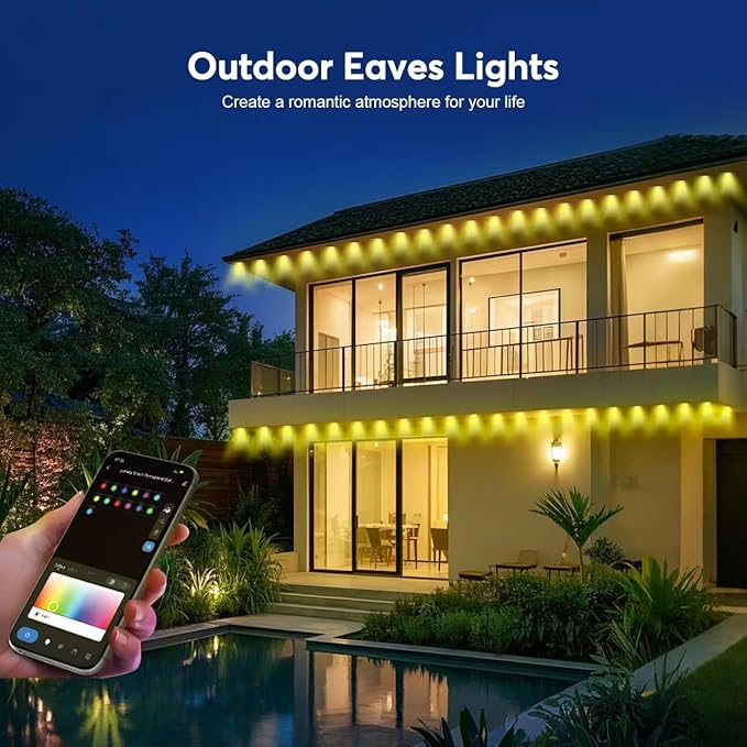 Permanent Outdoor Lights Pro 50ft RGB LED Eaves Lights IP67 Waterproof with Smart App&ampRemote Controlfor ChristmasParty Daily Halloween and All Holiday Decor