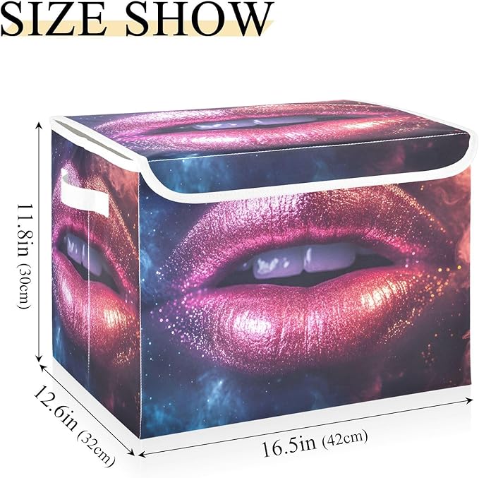 Shining Lip Storage Cube Bins Basket with Lid Collapsible Flip-top Fabric with Handle for Home Bedroom Closet Office 16.5×12.6×11.8 in