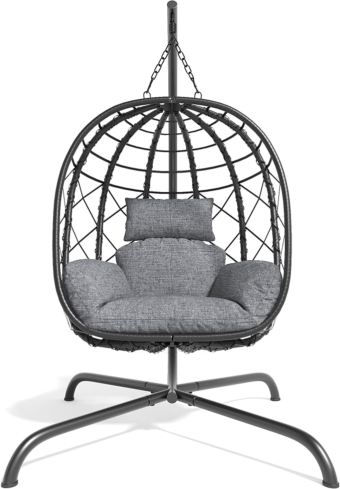 Foldable Hanging Egg Chair with Stand - Wicker Swing Hammock Chair with Cushion - for Patio Porch Balcony Weight Capacity 350lbs (Light Gray)