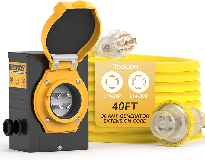 TOOLIOM 30 Amp Generator Cord 40FT and 30 Amp Inlet Box NEMA L14-30P/L14-30R 125/250V 7500W 10 AWG SJTW Power Cord Pre-Drilled Inlet Box UL&ampETL Listed