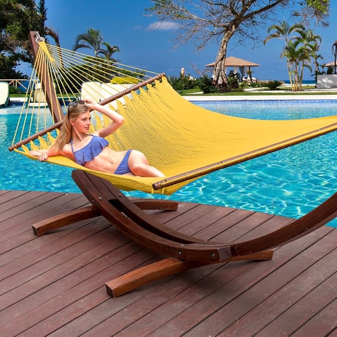 Lazy Daze Hammocks 10.5 FT Double 2 Person Caribbean Rope Hammock Hand Woven Polyester Hammock with Spreader Bars for Outside Outdoor Backyard Patio Poolside 450 LBS Capacity Yellow