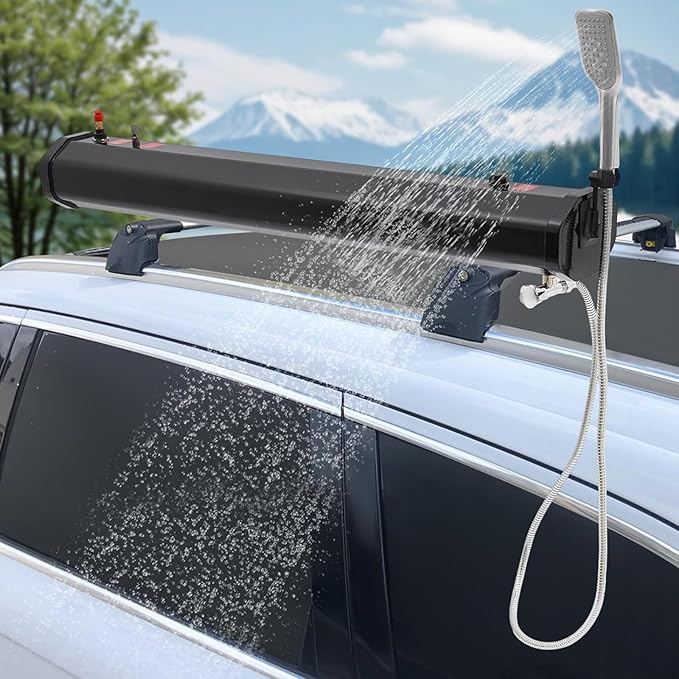 Pressurized Water Tank for Camping Shower Roof Rack Mounted Off-Road Shower with Water Pipe &amp Shower Head Portable Camping Shower for Vehicle Truck SUV Sedan RV 20L
