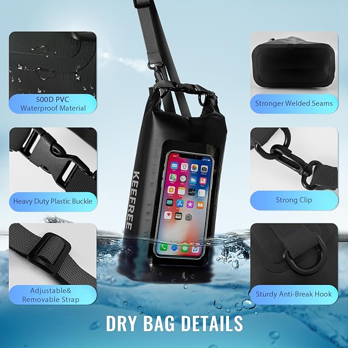 Waterproof Dry BagRoll Top Waterproof Backpack Phone Case Pouch for TravelKayakingRaftingCampingSurfingBoatingHikingBeach and Fishing (2 L Black+Black)