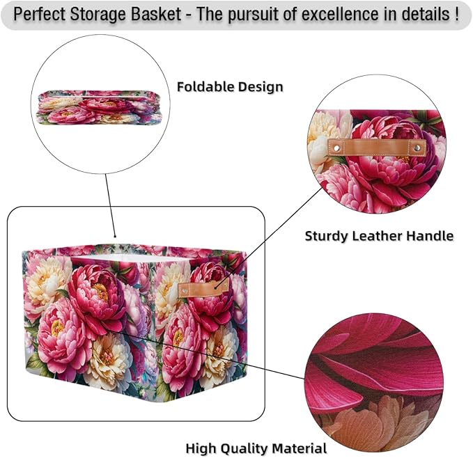 Pardick Basket Storage Bins Pink Flower Floral Rectangle Cube Basket Box Kids Girls Boys Toys Organizer Beaket Decor Foldable with Handle for Living Room Bedroom Closet Nursery Office Shelf Gifts