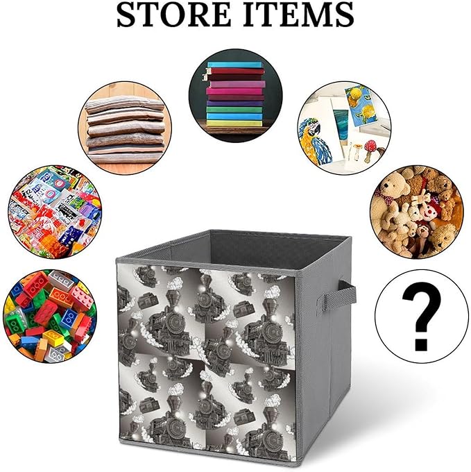 Collapsible Cube Storage Organizer with Handles Train Foldable Fabric Bin for Shelves Perfect for Closet Bathroom Kids' Room &amp Nursery
