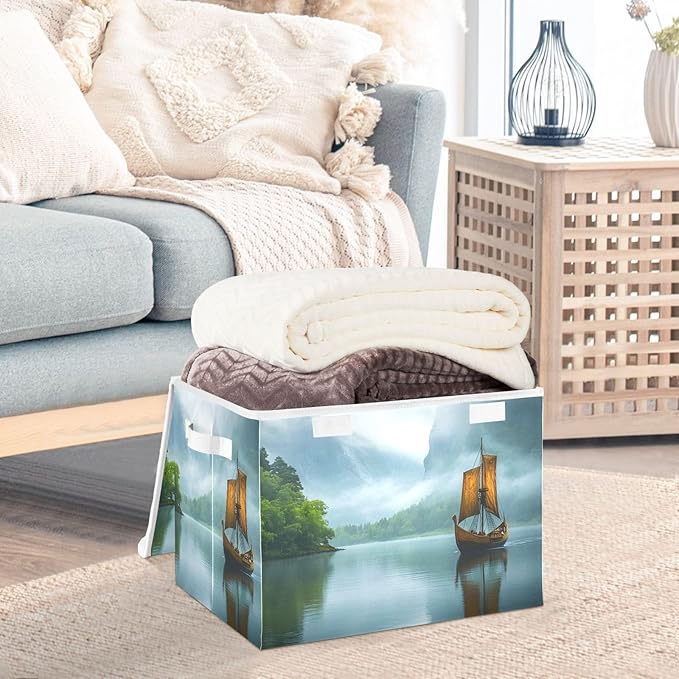 AIXIWAWA Lidded Storage Cube (Retro Boat) Fabric Foldable Closet Bins with Flip Lid and Handles Organizer Basket Container 16.5 x 12.6 x 11.8 IN