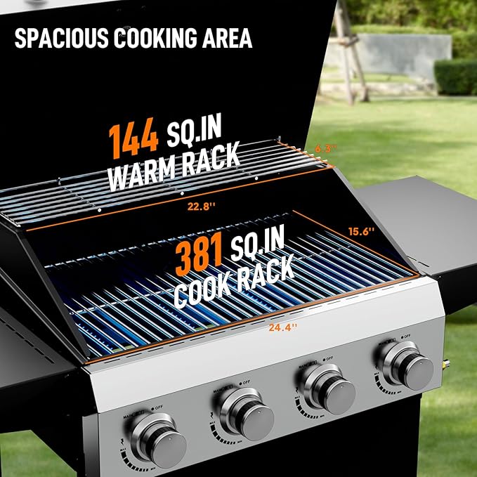 ROVSUN 4 Burner Propane Gas Grill with Foldable Side Shelves 40000BTU BBQ Grills with Enameled Cast Iron Grates Cabinet &amp Poratable Rolling Wheels for Outdoor Garden Patio Backyard Barbecue Cook