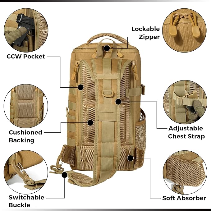 DBTAC Tactical Personal Defense EDC Bags &amp Packs | 10L Military Shoulder Backpack with Sling for Concealed Carry Range Travel Hiking Outdoor Sports (Brown)
