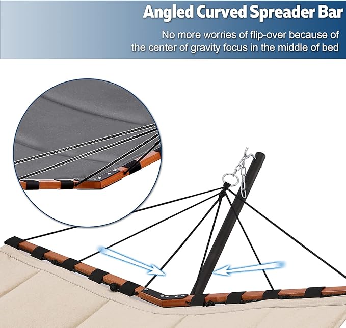 TegerDeger 12FT 2 Person Hammock with Stand Included 55 x 79IN Large Hammock 450LB Capacity with Hardwood Spreader Bar &amp Nylon Rope for Outside Patio Garden Backyard Beach Poolside - Gray
