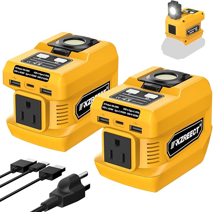 2 Pack Kzreect 220W Power Inverter Compatible with DeWalt 20V/18V Batteries (Battery Not Included) DC to 110V AC Converter with 1 AC Outlet USB-C Dual USB-A &amp 400LM LED Light for Camping Emerg