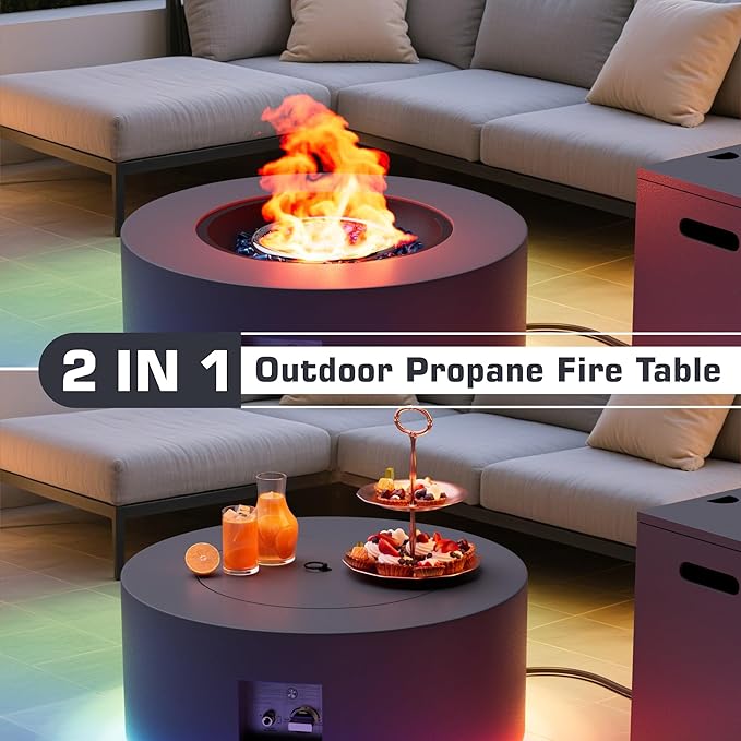 2-Piece 30 LED Round Propane Fire Pit for Outside Patio with Hidden Tank Table 50000 BTU Fireplaces with Lid Glass Rocks Cover(Dark Grey w/RGB Light)