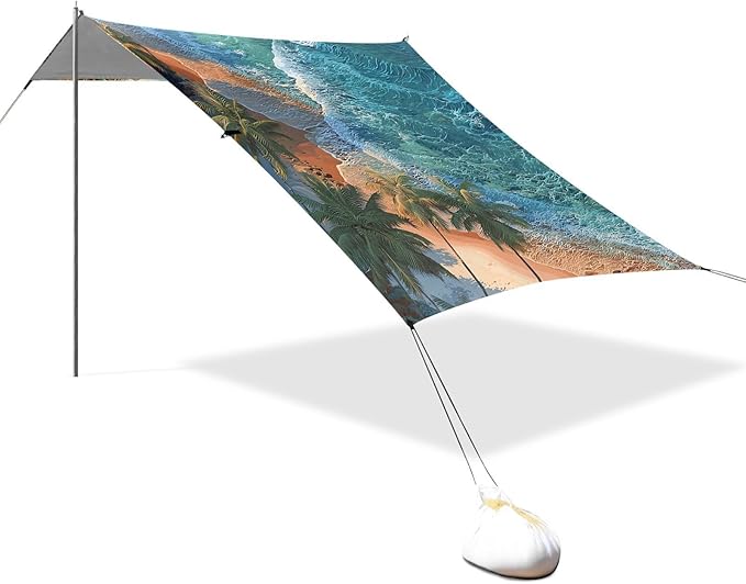 ALAZA Beach Palm Trees Beach Tent Sun Shelter UPF50+ Protection Beach Shade Canopy w/ 4 Sandbags for Outdoor Camping Fishing Backyard Fun Picnic 10x9 ft
