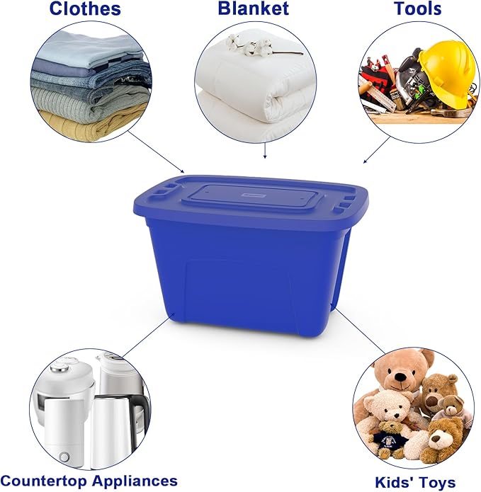 Storage Bins with Lids - Made in USA 18-Gallon (72-Quart) 4-Pack Storage Totes with Lids Plastic Stackable Containers Large Storage Boxes for Home and Office Organization Blue/Blue