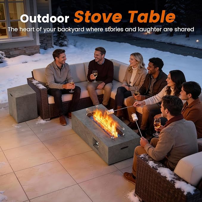 SUNPEAK 42 Rectangular Propane Fire Pit table 50000 BTU Fireplace Table with Wind Guard Lid Rocks and Cover - Fire Pits &amp Outdoor Fireplaces - Gas Fire Pits for Outside Patio (Concrete Stone