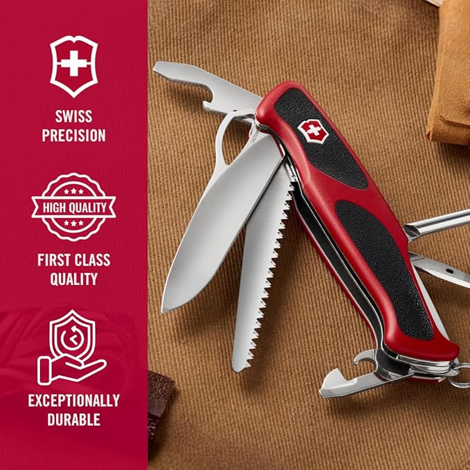 Victorinox Ranger 78 M Grip Swiss Army Knife 12 Functions Swiss Made Pocket Knife with Large Lock Blade Tweezers and Wood Saw - Red/Black