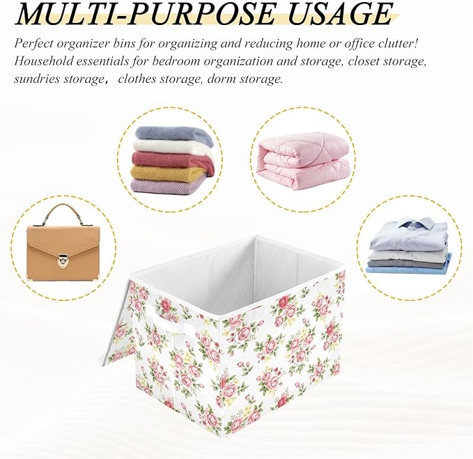 senya Flower Baskets Collapsible Storage Bins with Lids Pink Rose Flower Floral Storage Boxes Clothes Baskets for Organizing