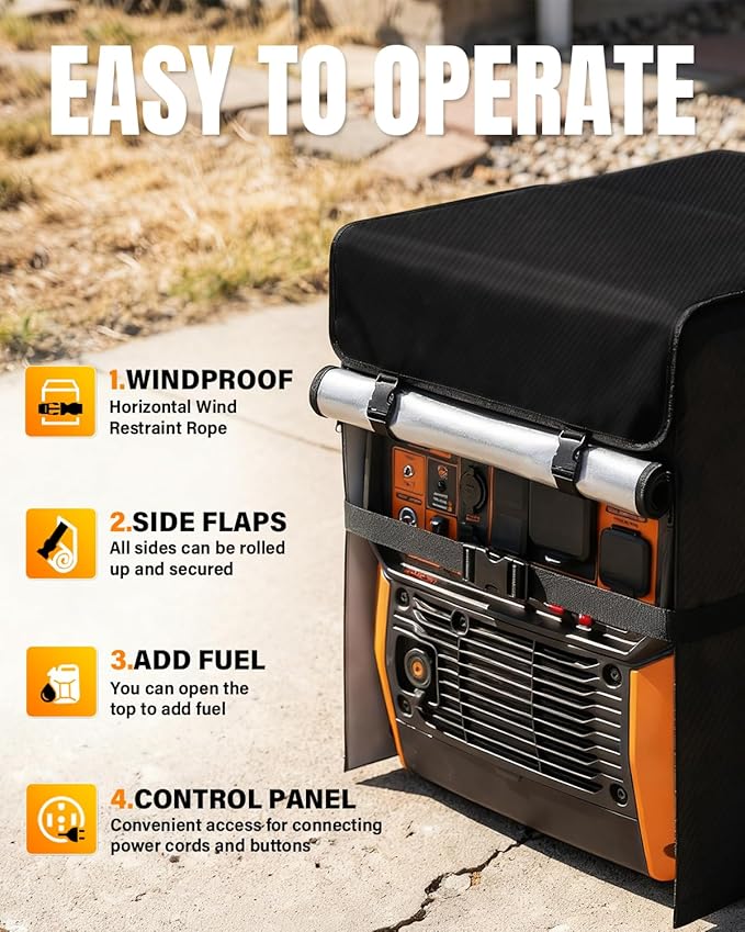 Inverter Generator Cover. 600D+210D Heavy Duty Waterproof. 24’’L×19’’W×21’’H for Universal Most Inverter Generators. Fuel can be Added to the Top. Black