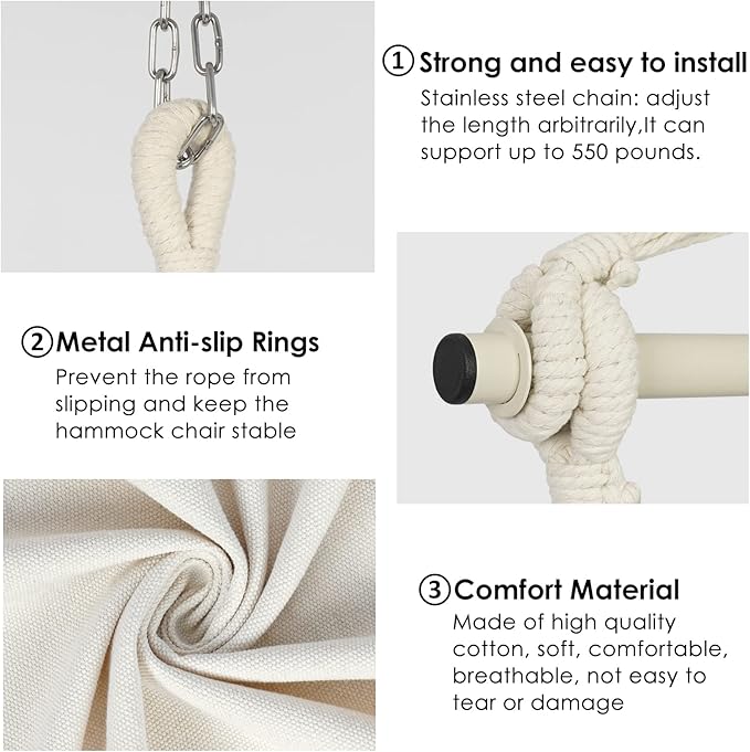 Y- STOP Hammock Chair Hanging Rope Swing Max 500 Lbs 2 Cushions Included Large Macrame Hanging Chair with Pocket for Superior Comfort with Hardware Kit (Beige)