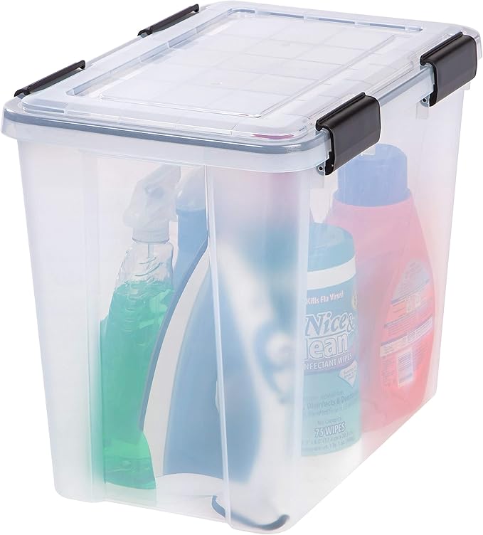 IRIS USA WeatherPro 32 Qt Storage Bins with Lids 4 Pack BPA-Free Plastic Gasket Box with Tight Latch and Seal Stackable Nestable Tote Tub - Clear/Black