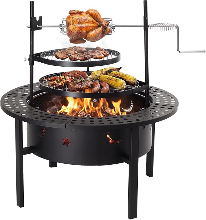 ROVSUN Upgrated 33'' Outdoor Fire Pit with 2 Grills Grill with Side Shelves Wood Burning Round Firepit with Swivel Cooking Grate Removable Swivel Grill for Backyard Patio Picnic BBQ and Parties
