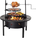 ROVSUN Upgrated 33'' Outdoor Fire Pit with 2 Grills Grill with Side Shelves Wood Burning Round Firepit with Swivel Cooking Grate Removable Swivel Grill for Backyard Patio Picnic BBQ and Parties