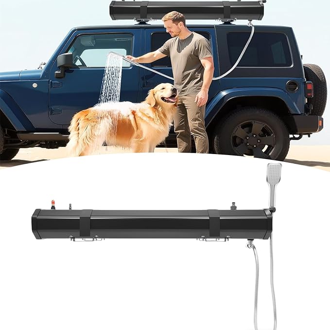 7.93Gal Camping Shower Water Tank RV Portable Showers Tank 140℉ Max.Temp Roof-Mounted Sun's Rays Heat Water PVC Chromium Plating Showers w/Shower-Head 5.58foot Water Hose for Beach Travel