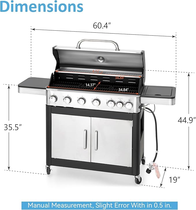 6 Burner Propane Gas BBQ Grill with Side Burner &amp Porcelain-Enameled Cast Iron Grate 65800 BTUs Barbecue Grill 665 Sq. In. Grilling Area Outdoor Propane Grill for Camping Patio Backyard Cooking