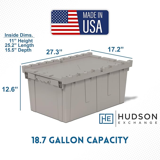 Hudson Exchange 27.3 x 17.2 x 12.6 (1 Pack) Storage Tote Distribution Container with Hinged Attached Lid Gray/Brown