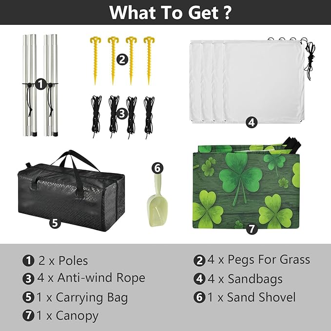xigua St. Patrick's Day Clover Beach Tent Sun Shelter with Carrying Bag - Silver Coated Oxford Fabric Beach Canopy for Beach Camping Fishing - Includes Windproof Ropes Sandbags &amp Stakes