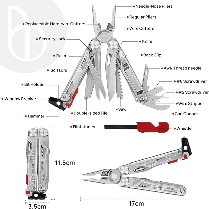 BIBURY Multitool Pliers BI2038B 22-in-1 Stainless Steel Multi Tool with Flint Window Breaker Scissors Back Clip Folding Pocket Multifunctional Self-locking EDC Tool for Survival Camping Hiking