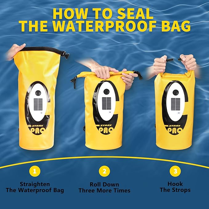 FELICON Solar/Battery Powered Multi-Functional Backpack with Bluetooth SpeakerIP66 Waterproof Dry BagHeavy Duty Roll Top ClosureLarge Capacity Bag for CampingHikingTraveling (Yellow 10L)