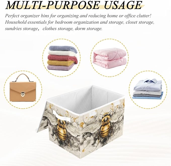 Bee Flower Gold Large Storage Bins with Lid Foldable Storage Cubes Fabric Closet Organizer Containers Box Baskets with Flip-Top Lid for Home Office 16.5” x 12.6” x 11.8”