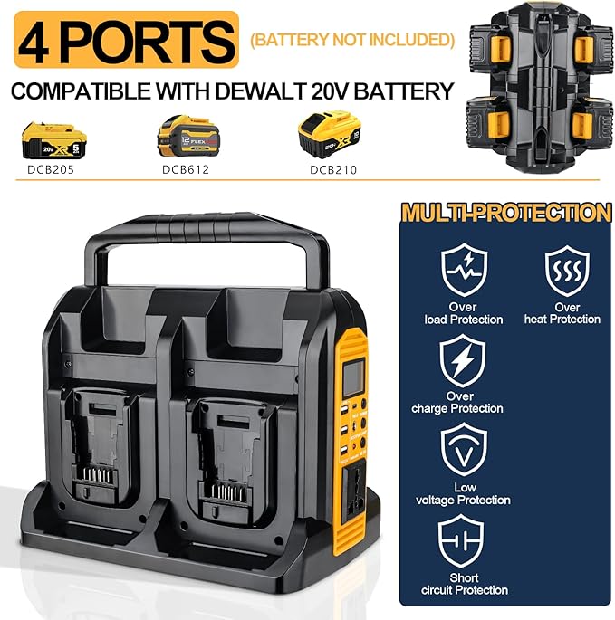 YEX-BUR 350W Power Inverter for Dewalt 20v 60v Battery 4-Ports DC 20V to AC 120V Pure Sine Wave Inverter with 3 USB-A &amp 1 USB-C Port 300LM LED Light for Outdoor Activities(No Battery)