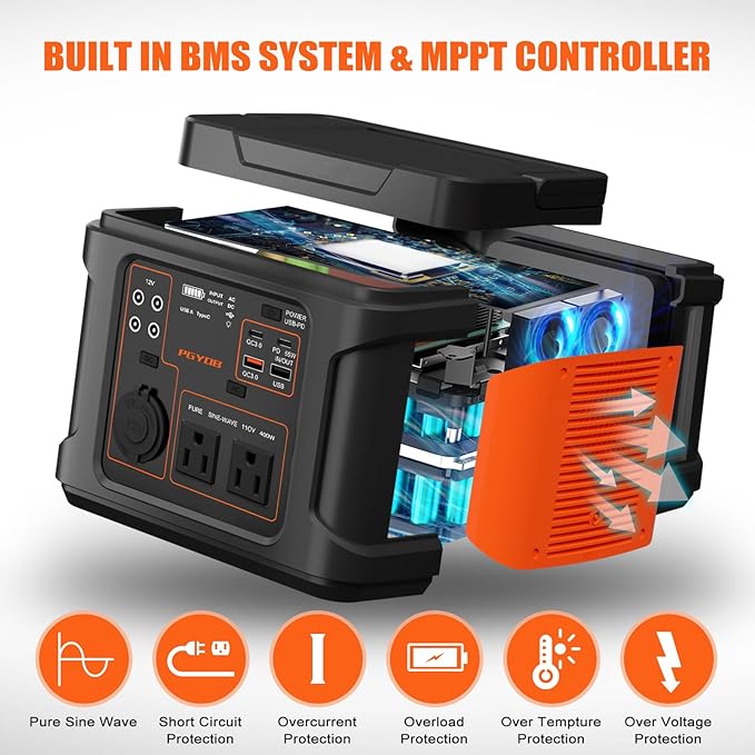 PGYOB 400W Portable Power Station 296Wh Outdoor Solar Generator Backup Ternary Battery Pure Sine Wave Power Pack with AC/DC Outlet PD 65W USB-C Outlet for Home Camping RV Blackout CPAP