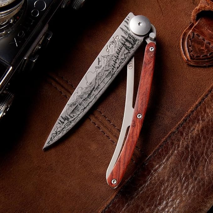 deejo - 37G Folding Pocket Knife with Belt Clip - Mountain Design 3.7-Inch Stainless Steel Blade Coral Wood Handle - Lightweight Everyday Carry for Home Work and Outdoor Use
