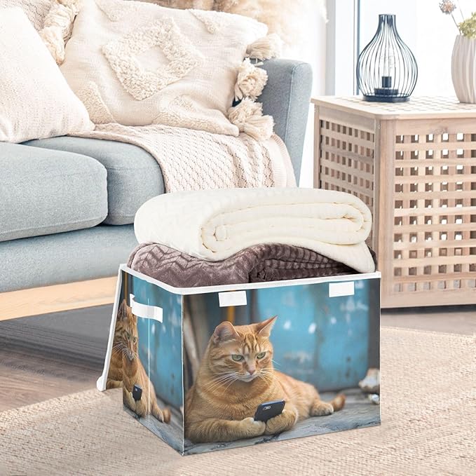 Storage Cube with Lid Cat with Phone Print 16.5×12.6×11.8 IN Collapsible Large Capacity Foldable Storage Basket Bin Organizer