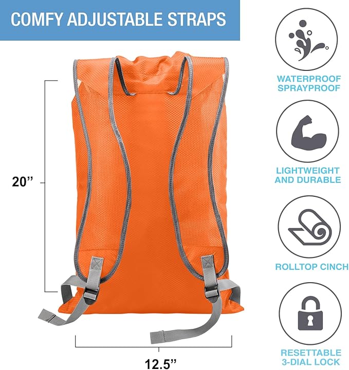 Lewis N. Clark WaterSeals Locking Backpack | Waterproof Bag | Anti-Theft Combination Lock | For Men &amp Women | Orange