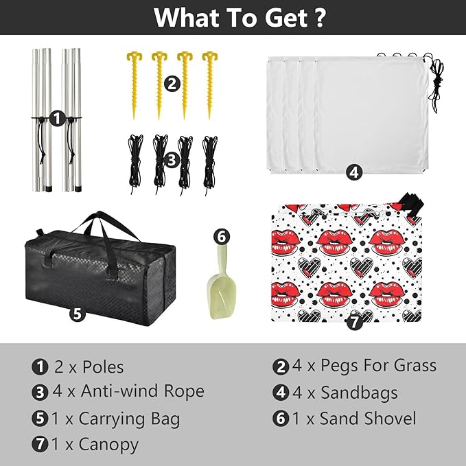 ALAZA Red Lips Heart Polka Dots Beach Tent Sun Shelter UPF50+ Protection Beach Shade Canopy w/ 4 Sandbags for Outdoor Camping Fishing Backyard Fun Picnic 10x9 ft