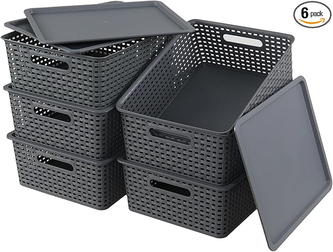 6 Pack Plastic Storage Bins with Lids Stackable Storage Baskets with Handles Plastic Organizer Container Bins for DeskShelvesOffice Pantry Organizers and Storage Grey
