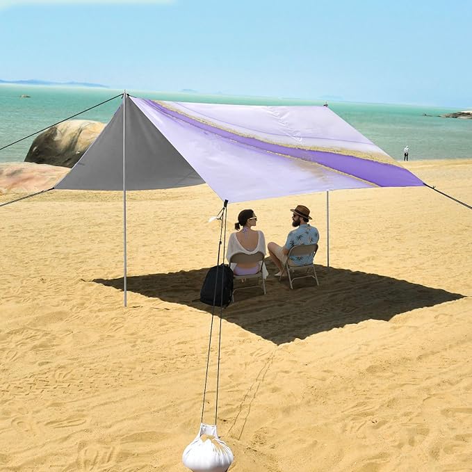 Beach Canopy with Windproof Ropes &amp Sandbags Beach Tent Sun Shade Sun Shelter for Camping Trips Fishing Backyard Fun or Picnics Purple Texture