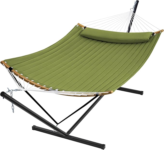 SUPERJARE Curved-Bar Hammock with Stand 2 Person Heavy Duty Hammock Frame Detachable Pillow &amp Portable Carrying Bag Perfect for Outdoor &amp Indoor Spring Green