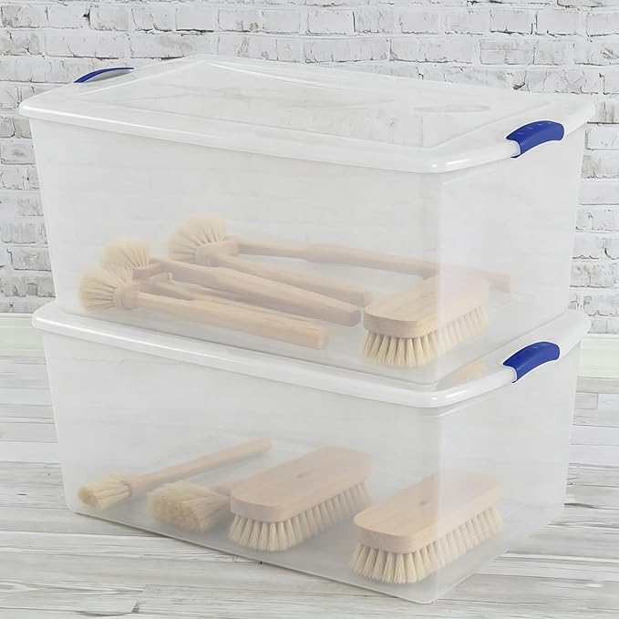 105 Quart Heavy-Duty Clear Plastic Storage Bin – Stackable &amp Nestable Latch Box with Clear Lid &amp Blue Secure Latches Ideal for Home Closet Dorm Garage Basement &amp Patio Organization