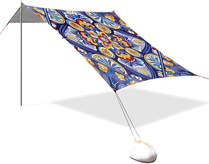 Mexican Ceramic Tile Beach Tent Sun Shelter Set UPF50+ UV Protection 10.5 x 9.19 FT Camping Shade Canopy with Sandbags Sand Anchors Carrying Bag and Others