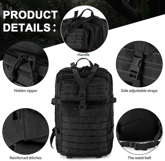 aiGear Tactical Backpack for Men 45L Military Backpack 3-Day Bug Out Bag for Camping Hiking Hunting with Molle System Army Daypack (45L Black)