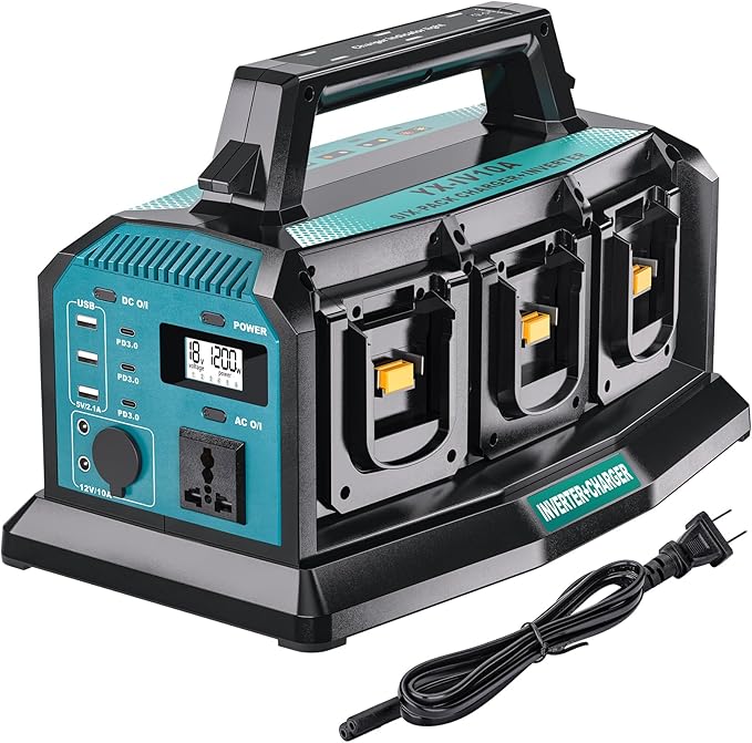 2-in-1 Portable Inverter Charger 1200W Pure Sine Wave Inverter &amp 6A Rapid Charger for Makita 18V Battery 6-Port DC to AC 120V Converter 3 USB-A + 3 USB-C 300lm LED Light for RV Camp Off-Grid