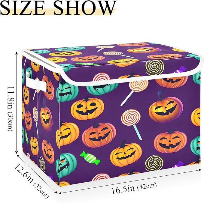 Halloween Storage Baskets with Lids Colorful Halloween Pumpkin Collapsible Bins Stackable Fabric Linen Baskets Closet Organizer Container 16.5x12.6x11.8